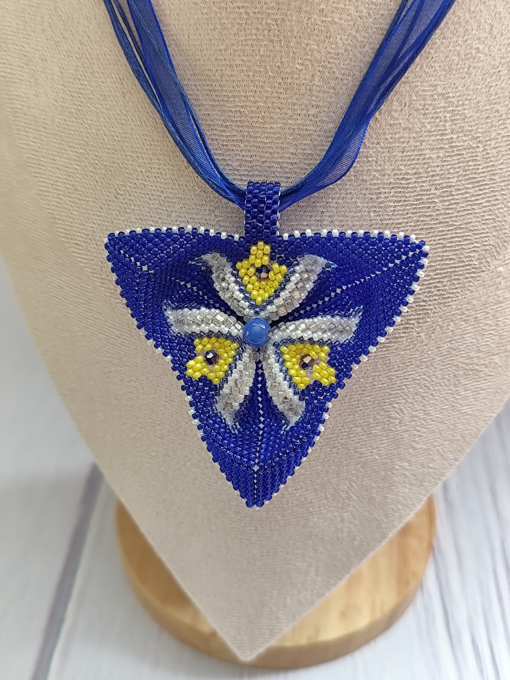Handcrafted Blue Beaded Triangle Pendant Necklace